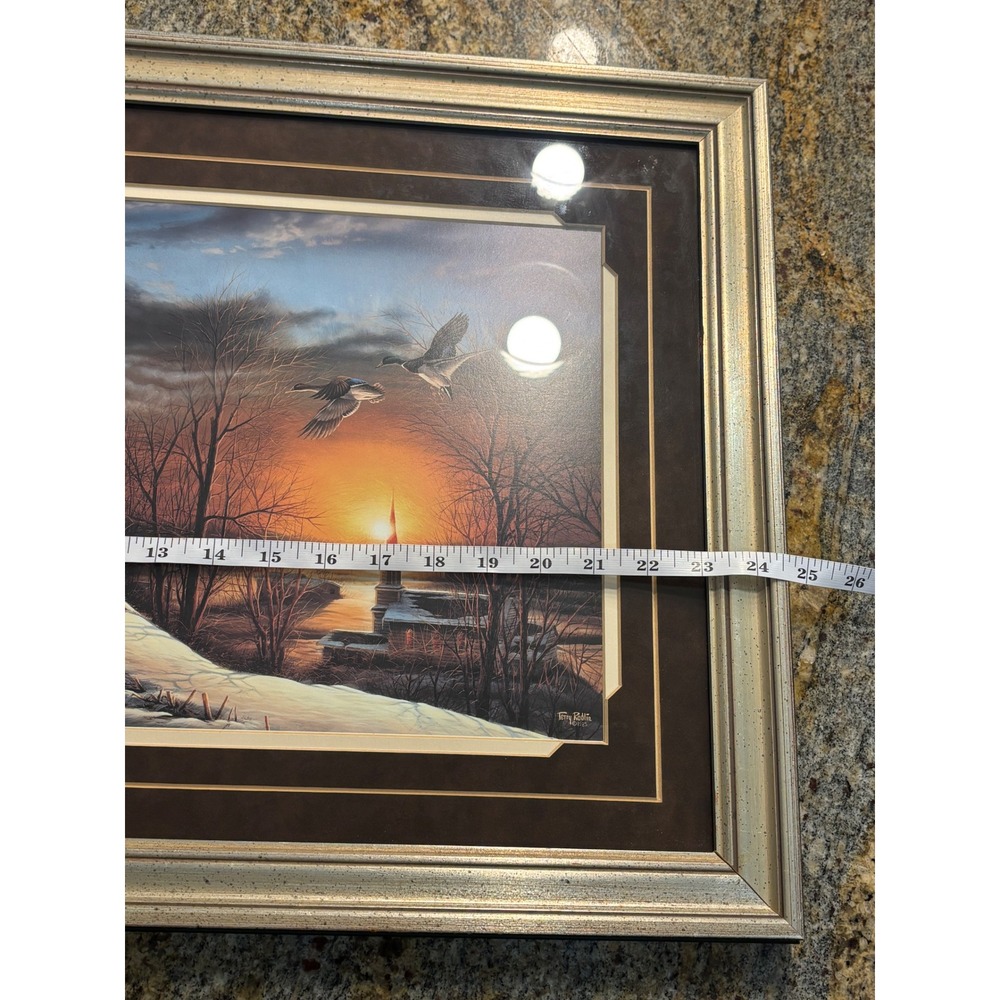 Terry Redlin "The Sharing Season" Print Winter Sunset Cabin Ducks 1985 24.5x17 - Picture 5 of 9